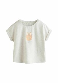Jasnoszary, krótki t-shirt z okrągłym dekoltem, z grafiką króliczka w delikatnych różowych i pomarańczowych odcieniach oraz napisem "KRÓLIK."