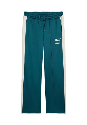 Turquoise trainingsbroeken met witte zijpanelen, elastische tailleband en trekkoord. Voorzien van het PUMA-logo in het wit op de linker dij. Glad textuur.