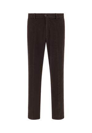 Hnědé kalhoty z hladkého materiálu, s rovnými nohavicemi, předním zapínáním na knoflík a bočními kapsami. Minimalistický styl.