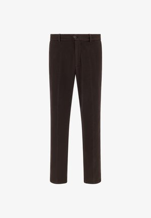 Braune Hose aus glattem Stoff, mit geradem Bein, einem Frontknopfverschluss und Seitentaschen. Minimalistischer Stil.