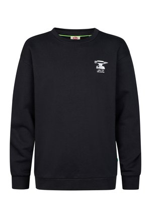 Schwarzes Sweatshirt mit Rundhalsausschnitt und langen Ärmeln mit kleinem weißem Amboss-Grafik und Text auf der linken Brustseite.