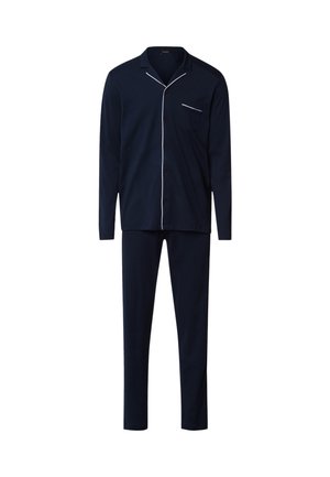 Navyblauwe katoenen pyjama set met een knoopsluiting shirt, voorzien van een borstzak en witte piping, gecombineerd met bijpassende lange broek.