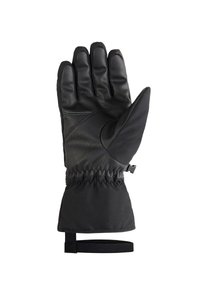 Gants noirs en cuir et tissu, dotés d'un poignet ajusté, d'un bord élastique et d'une conception à cinq doigts avec une paume renforcée pour plus de durabilité.