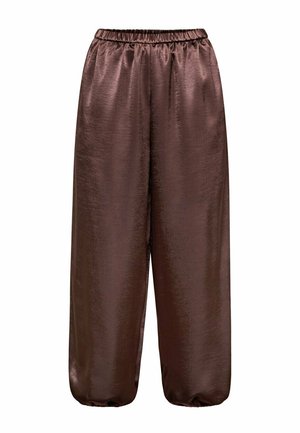 Luftige, brun satinbukser med høj talje, elastisk taljebånd og opsamlede manchetter ved anklerne.