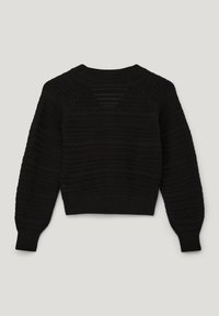 Zwart gehaakt sweater met een geribde onderrand en manchetten, voorzien van een structuurpatroon en raglanmouwen, ontworpen voor een cropped pasvorm.