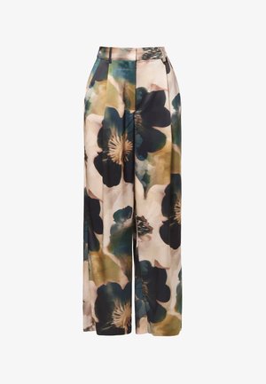 Pantaloni cu picior larg, având un model floral în nuanțe de albastru închis, verde și bej. Confecționați dintr-un material fin, cu talie înaltă și pliseuri.