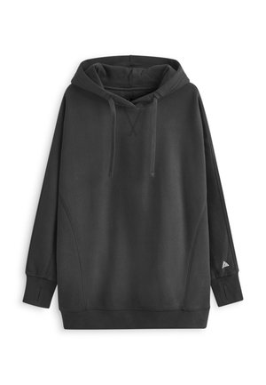 Black long-sleeve hoodie with drawstrings, thumb holes on cuffs, and a small white geometric logo on the right sleeve near the wrist.
