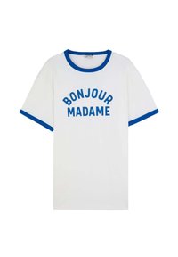 Camiseta de algodón blanca con cuello y mangas azules. Presenta "BONJOUR MADAME" impreso en letras azules en negrita a lo largo del pecho.