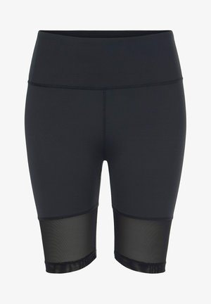 Black athletic shorts made of stretchy fabric with a high waistband and mesh panels at the lower sides for breathability and style.