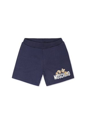 Pantaloni corti in cotone blu scuro con vita elastica. Presentano un logo bianco "MOSCHINO" e una grafica di orsacchiotto dei cartoni animati sulla parte anteriore.