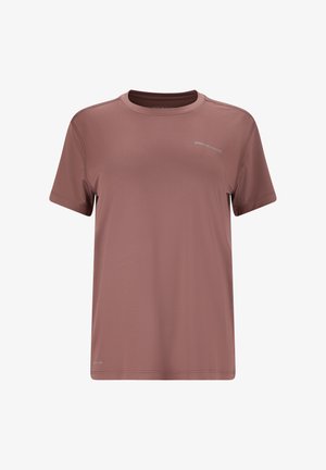 Kurze Ärmel Sport-T-Shirt in staubigem Rosé, aus feuchtigkeitsableitendem Material, mit rundem Ausschnitt und genähten Details.