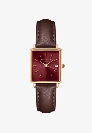 Zegarek prostokątny Rosefield z głęboką czerwoną tarczą, złotymi akcentami i brązowym skórzanym paskiem z detalami przeszycia. Wskaźnik daty na godz. 6.