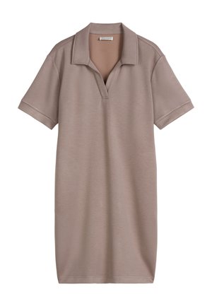 Kurzärmeliges taupefarbenes Polokleid mit Kragen und V-Ausschnitt, aus weichem, glattem Stoff gefertigt.