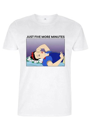 White cotton T-shirt featuring a graphic of a woman sleeping with red lips, blue attire, and text "JUST FIVE MORE MINUTES" above.