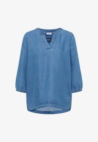 Túnica vaquera azul claro con mangas elásticas tres cuartos, escote en V con abertura y dobladillo ligeramente redondeado.