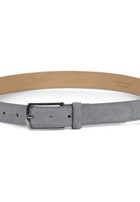 Gray suede belt with a polished silver buckle, featuring six holes for adjustment and a smooth tan leather interior.