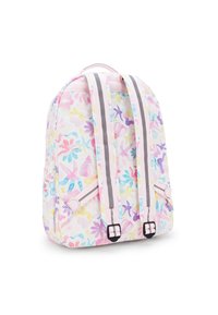 Zaino con motivo floreale in colori rosa e pastello, dotato di spallacci grigi e fibbie regolabili. Materiale liscio e leggero.
