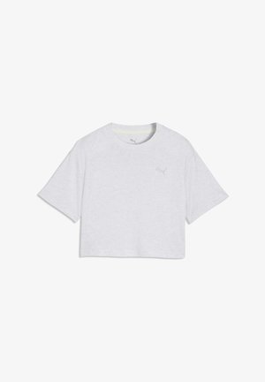 T-shirt blanc court à manches courtes avec col rond et petit logo Puma ton sur ton sur la poitrine gauche.