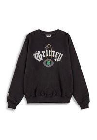Sudadera negra de cuello redondo con "Grimey" en script blanco, que cuenta con un bordado colorido de un trébol de cuatro hojas y detalles de acento. Textura suave.