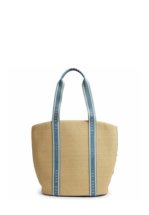 Sac cabas tissé beige avec de longues anses en tissu bleu comportant le texte « Ted Baker London » verticalement sur les bretelles.