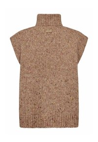 Kohene kudumine pruuni värvi sviiter kõrge kaelusega, mis on kaunistatud roosa ja kollase värvi erksate täppidega ning soonikuga allääres. Lihtne disain, ilma varrukateta.