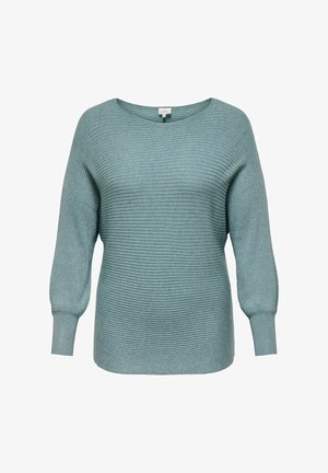 Jasnoniebieski sweter ze strukturalnym splotem, z długimi bufkami i okrągłym dekoltem, wyeksponowany na białym tle.