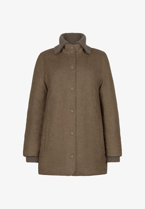 Brun uldblanding frakke med ribbet krave, frontknaplukninger, sidelommer og strikkede manchetter. Designet med en afslappet pasform.