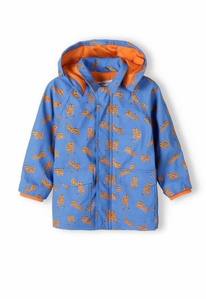 Blå vandtæt jakke med en orange indvendig foring og et gentaget mønster af små orange tigre. Inkluderer to frontlommer.