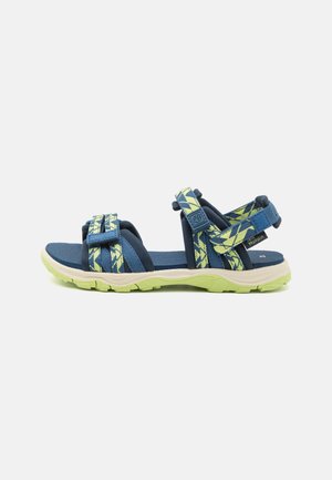Blue and green synthetic sandals with thick straps, adjustable closures, a cushioned sole, and a textured outsole for grip.