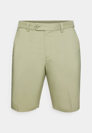 Olive green shorts made of smooth fabric, featuring a button closure, belt loops, and side pockets. Straight-cut legs with clean hems.