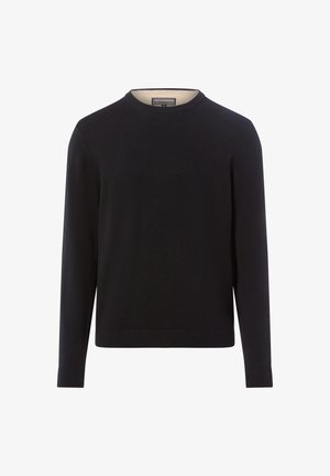 Czarny sweter dzianinowy z okrągłym dekoltem, ściągaczami przy rękawach i u dołu, z beżowym wnętrzem przy kołnierzu. Standardowy fason i gładka faktura.