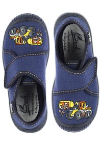Marineblaue Stoffschuhe mit Klettverschluss. Mit einem gestickten Design eines Baufahrzeugs. Gummisohlen und Obermaterial aus strukturiertem Textil.