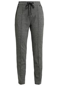 Pantalons à carreaux gris avec une taille élastique à cordon de serrage, jambes fuselées, poches latérales et tissu texturé. Présente un motif à carreaux subtil et des accents noirs.