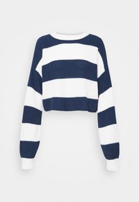 Pull-over court à manches longues, présentant des rayures alternées bleu marine et blanches dans un tissu tricoté texturé. Encolure ronde.