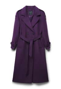 Cappotto lungo viola in lana a doppio petto con ampi risvolti, vita cintata, spalline e cinturini ai polsini con bottoni.