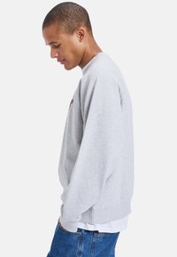 Grå genser med lange ermer og rund hals. Har ribbestrikkede mansjetter og kant, brukt over en hvit skjorte, kombinert med blå jeans.