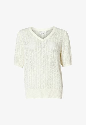 Knit short-sleeve sweater in creamy white with a V-neck, textured pattern, ribbed hem, and airy weave for breathability.