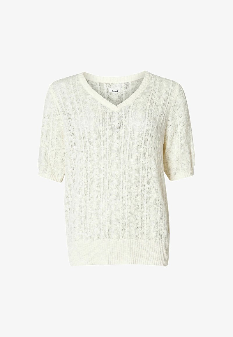 Strickpullover mit kurzen Ärmeln in cremigem Weiß, mit V-Ausschnitt, strukturiertem Muster, geripptem Saum und luftiger Webart für Atmungsaktivität.