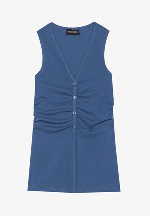 Blaues ärmelloses Top aus weichem Stoff, mit tiefem V-Ausschnitt, Knopfverschluss und gerafftem Detail an der Vorderseite.
