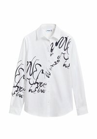 Camicia bianca con bottoni realizzata in cotone, con testo nero scritto a mano e design astratti sopra la parte anteriore e le maniche.