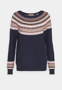 Pull bleu marine avec un motif à losanges rose, blanc et marron sur l'empiècement et les poignets, doté d'un col rond et de manches longues.