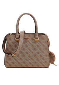 Brun monogrammerad handbag med strukturerad form, dubbla toppramar, avtagbar axelrem och detaljer i guldton.