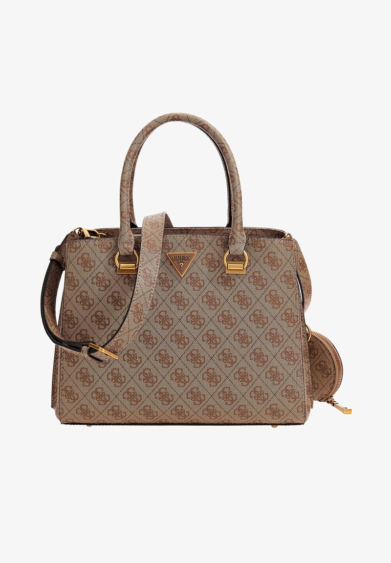 Brun monogrammerad handbag med strukturerad form, dubbla toppramar, avtagbar axelrem och detaljer i guldton.