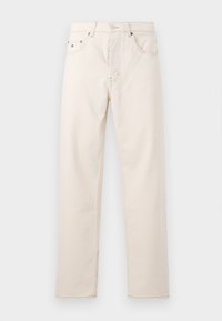 Vaqueros de color crema hechos de algodón, con un diseño de pierna recta, cinco bolsillos y sutiles detalles de costura a lo largo de las costuras.
