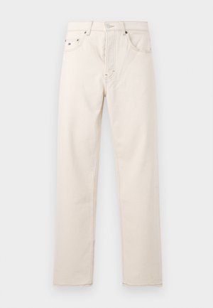 Cream-colored jeans made of cotton, featuring a straight-leg design, five pockets, and subtle stitching details along the seams.
