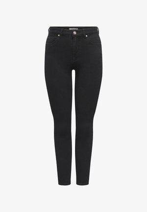 Jean skinny taille haute noir avec poches avant et arrière, passants de ceinture et fermeture par bouton.