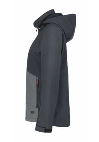 Giacca grigia scura con cappuccio, sezione inferiore in grigio a contrasto, tasca con zip e tessuto texture. Presenta dettagli rossi sulle parti metalliche.