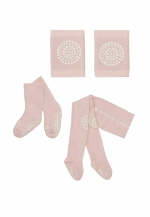 Hellrosa Baby-Knieschoner, Socken und Strumpfhosen Set mit weißen, rutschfesten, kreisförmigen Punktmustern auf den Knien und Sohlen.