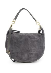 Gray suede handbag with a curved shape, featuring a braided top handle and an adjustable strap with gold hardware accents.