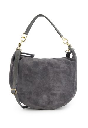 Gray suede handbag with a curved shape, featuring a braided top handle and an adjustable strap with gold hardware accents.